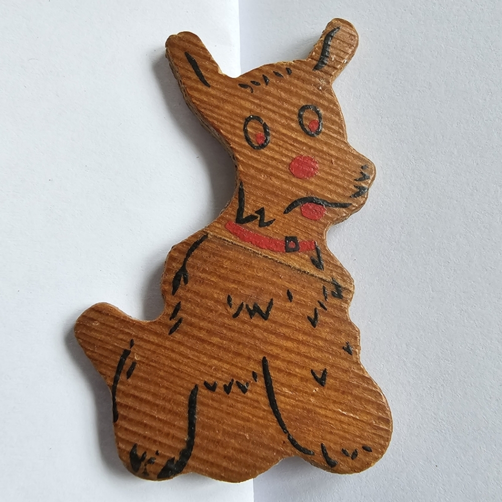 Vintage dog brooch painted wood puppy brown red black midcentury